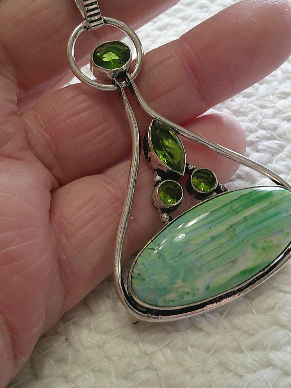Gorgeous DENDRITE OPAL & PERIDOT Handmade Sterling 925 Pendant/Chain #528E